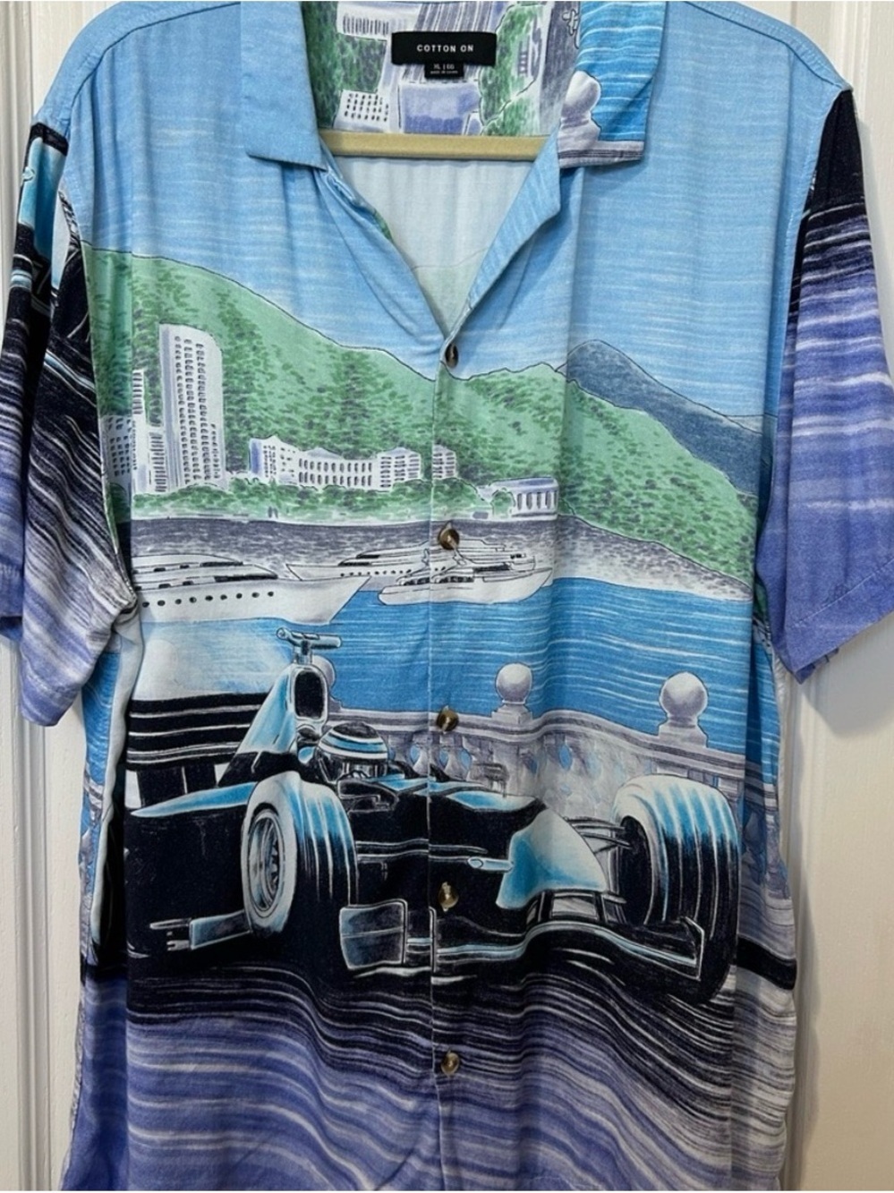 Cotton On Men's Blue Scenic Racecar Print Short Sleeve Shirt